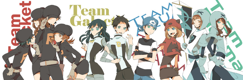 5girls adjusting_clothes adjusting_hat alternate_costume alternate_headwear bandana belt black_hair blue_(pokemon) blue_hair brown_hair clothes_writing cosplay fang flag gloves gold_(pokemon) hair_ornament hairclip haruka_(pokemon) hat highres hikari_(pokemon) holding holding_poke_ball hood kinari kotone_(pokemon) kouki_(pokemon) multiple_boys multiple_girls poke_ball pokemon pokemon_(game) pokemon_bw pokemon_dppt pokemon_hgss pokemon_rgby pokemon_rse red_(pokemon) skirt surcoat team_aqua_uniform team_galactic_uniform team_magma_uniform team_plasma_uniform team_rocket_uniform touko_(pokemon) touya_(pokemon) waist_poke_ball yuuki_(pokemon)