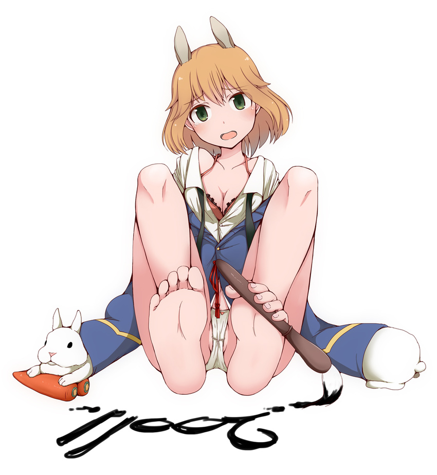 2011 amelie_planchard animal_ears barefoot between_toes blonde_hair bra breasts bunny bunny_ears calligraphy_brush carrot cleavage feet foot_hold green_eyes highres lingerie long_legs medium_breasts no_pants open_clothes open_shirt paintbrush panties rosettastone shirt soles solo strike_witches toes typo underwear world_witches_series