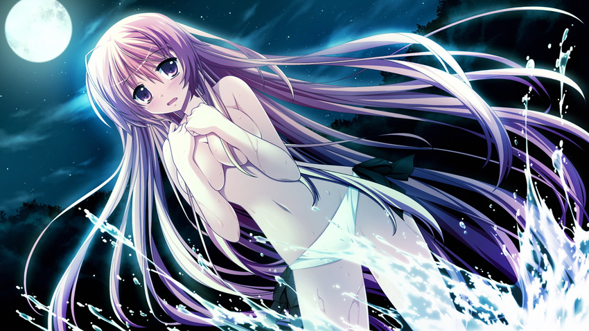 blush breasts covering covering_breasts fortissimo//akkord:bsusvier long_hair medium_breasts moon navel night ooba_kagerou panties purple_eyes purple_hair sakura_(fortissimo) solo underwear very_long_hair water white_panties