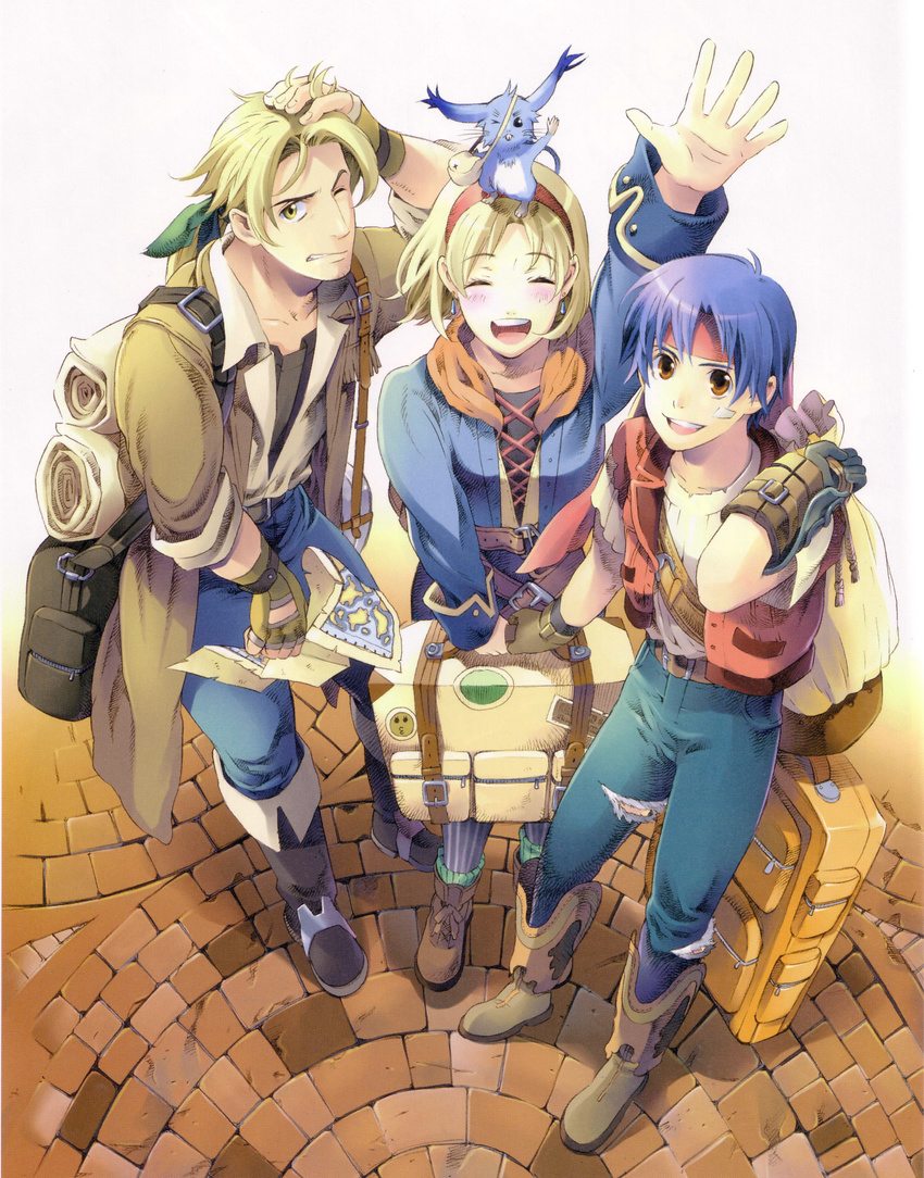 2boys absurdres ahoge backpack bag bandages belt blonde_hair blue_hair boots brown_eyes cecilia_lynne_adelhyde closed_eyes coat cowboy_boots creature denim full_body hair_ribbon hairband hanpan happy headband highres jack_van_burace jeans knee_boots long_hair map multiple_boys official_art one_eye_closed ooba_wakako open_mouth pants pantyhose ponytail red_hairband red_vest ribbon rody_roughnight scan shirt shoes short_hair striped striped_legwear tail vertical-striped_legwear vertical_stripes vest wild_arms wild_arms_1
