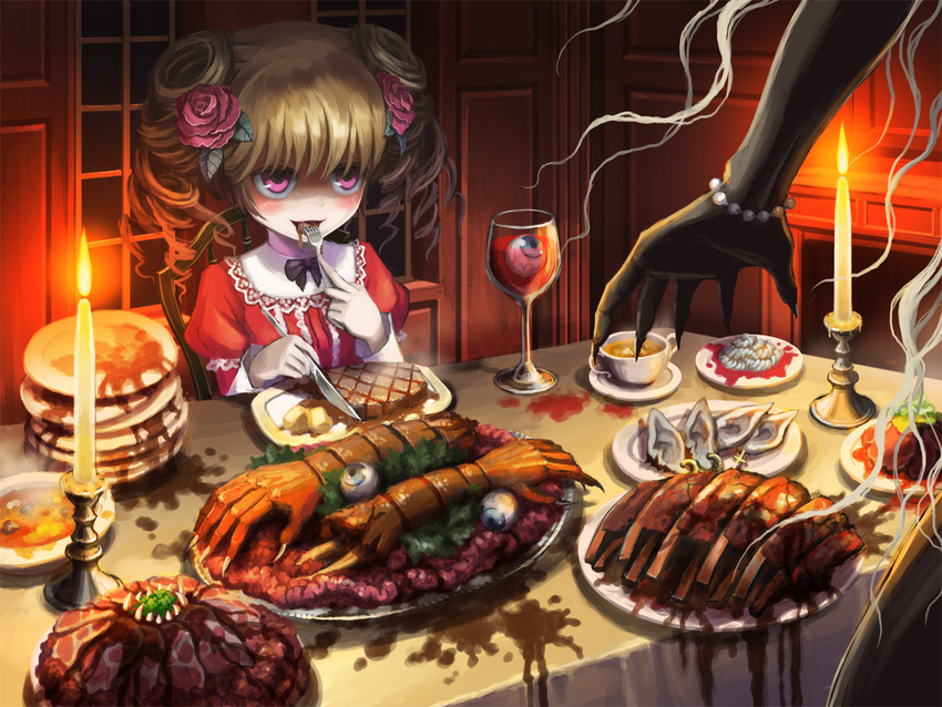 alcohol bangs blonde_hair blunt_bangs blush bow bracelet candle candlelight candlestand cannibalism chair claws cup death-colle dinner dishes double_bun dress drill_hair drinking_glass earrings ears eating european_clothes eyeball fingernails flower food fork guro hair_flower hair_ornament hands holding holding_fork holding_knife indoors intestines jewelry juliet_sleeves knife light_smile long_hair long_sleeves looking_at_another meat messy original out_of_frame pale_skin pearl pearl_bracelet pink_eyes pink_flower pink_rose plate puffy_sleeves red_dress ribs_(food) ringlets rose severed_arm severed_limb shaded_face short_hair solo_focus soup stain steak table tablecloth ume_(illegal_bible) wavy_hair white_hair window wine wine_glass