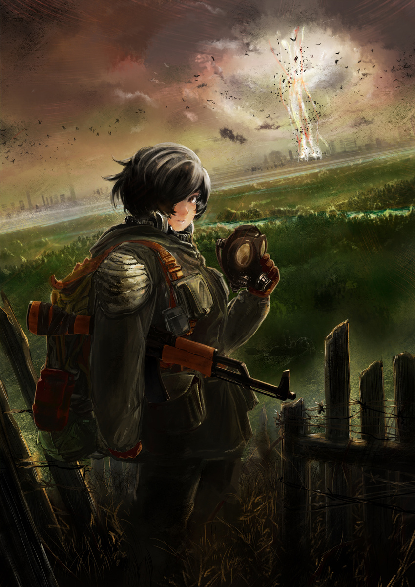 ak-47 animal assault_rifle backpack bag bangs barbed_wire bird black_hair brown_eyes cityscape cloud fence gas_mask gloves grass gun hair_over_one_eye highres landscape lightning mask perspective raven_(animal) realistic rifle river short_hair sky solo stalker_(game) swept_bangs torinanban uniform weapon