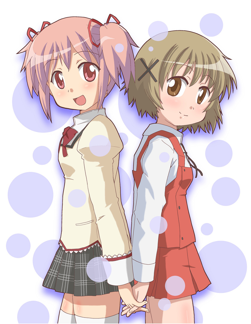 brown_eyes brown_hair company_connection crossover hair_ribbon hidamari_sketch highres holding_hands kaname_madoka ki_(adotadot) mahou_shoujo_madoka_magica mitakihara_school_uniform multiple_girls pink_eyes pink_hair plaid ribbon school_uniform shaft short_hair skirt thighhighs twintails yuno zettai_ryouiki