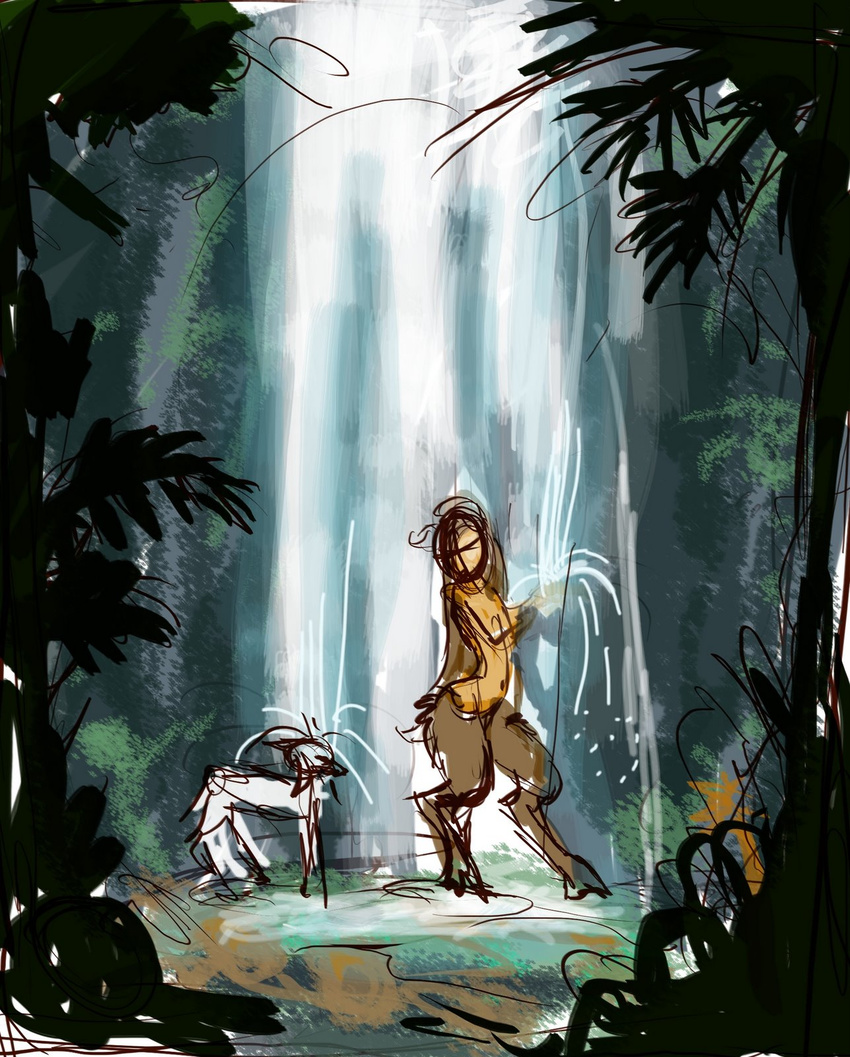 ambiguous_gender forest goat hooves horns satyr sketch tree waterfall zar