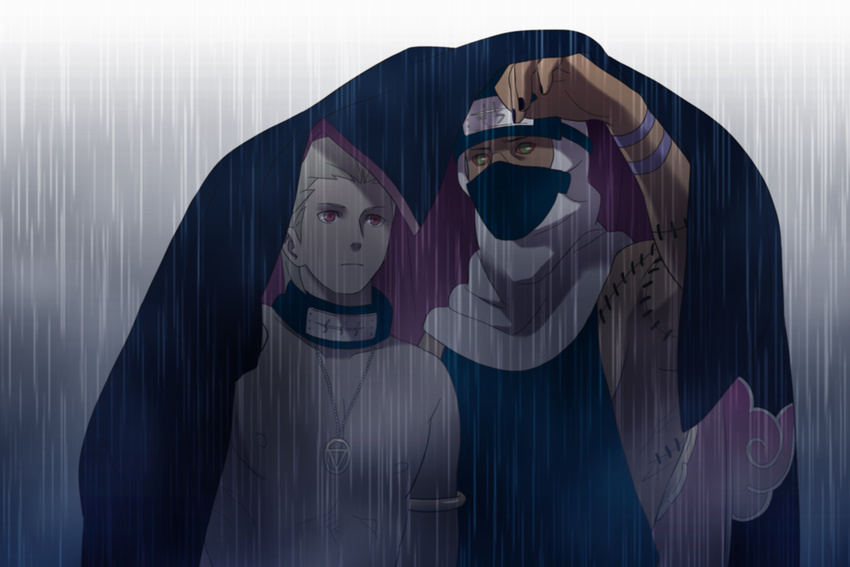 2boys akatsuki akatsuki_(naruto) green_eyes headband hidan jewelry kakuzu kohl_coco multiple_boys naruto naruto_shippuuden necklace rain red_eyes scar shirtless stitches white_hair