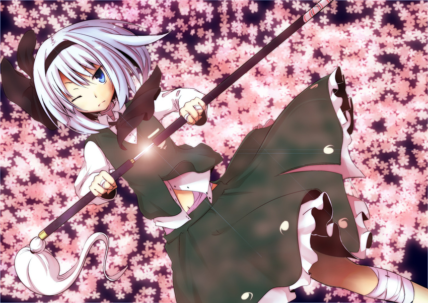 absurdres bandages blue_eyes glowing hairband highres katana katanakko_daisuki konpaku_youmu navel one_eye_closed sheath short_hair silver_hair solo sword touhou unsheathing weapon