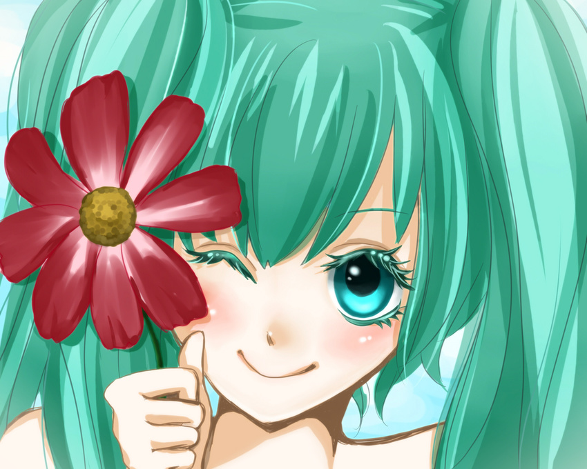 aqua_eyes aqua_hair close flowers hatsune_miku vocaloid wink