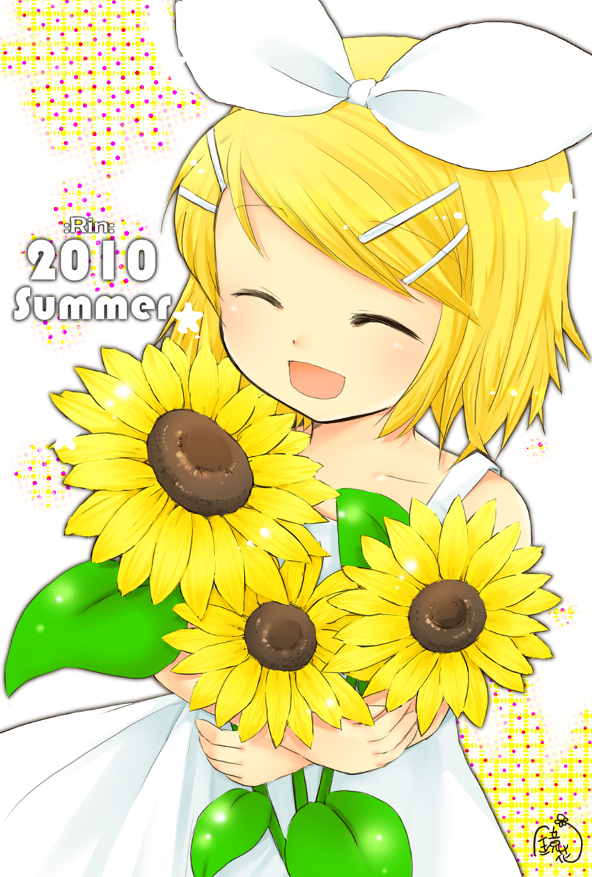 2010 :d ^_^ bangs bare_shoulders blonde_hair blue_eyes bob_cut bow child closed_eyes crossed_arms dress flower hair_bow hair_ornament hairclip highres holding kagamine_rin open_mouth signature smile solo sorakaze_kyouka standing star sundress sunflower swept_bangs vocaloid younger