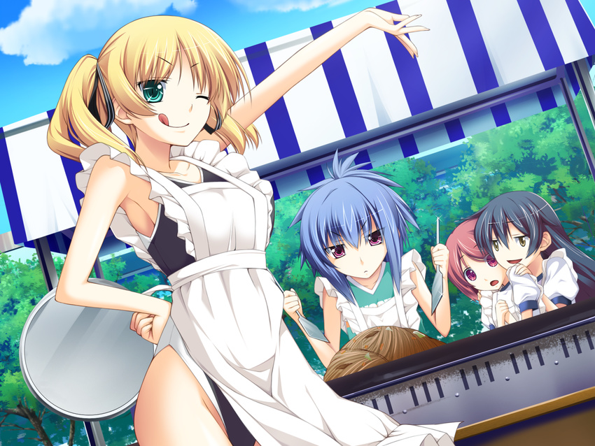 apron blonde_hair blue_hair food futsu_janai game_cg green_eyes natsukawa_akane pink_eyes suzuhara_hitomi