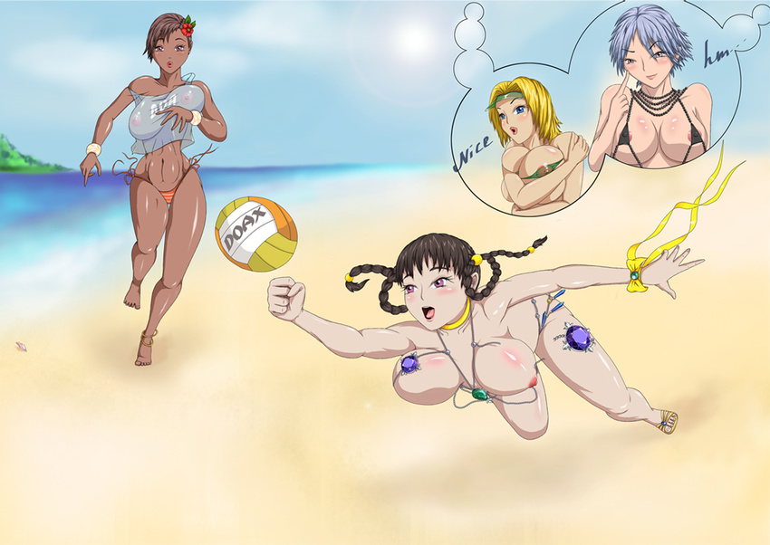 beach black_hair blonde_hair brown_hair christie christie_(doa) dark_skin dead_or_alive doa father_dimitry lei_fang lisa lisa_hamilton nipple nipples short_hair tecmo tina_armstrong volleyball wardrobe_malfunction