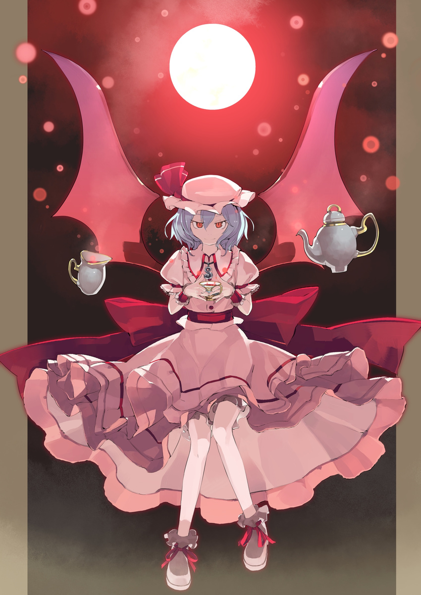 absurdres blue_hair cup dress floating floating_object full_moon hat highres jewelry lavender_hair legs looking_at_viewer moon necklace red_eyes remilia_scarlet shihou_(g-o-s) short_hair slit_pupils smile solo tea teacup teapot touhou wings wrist_cuffs