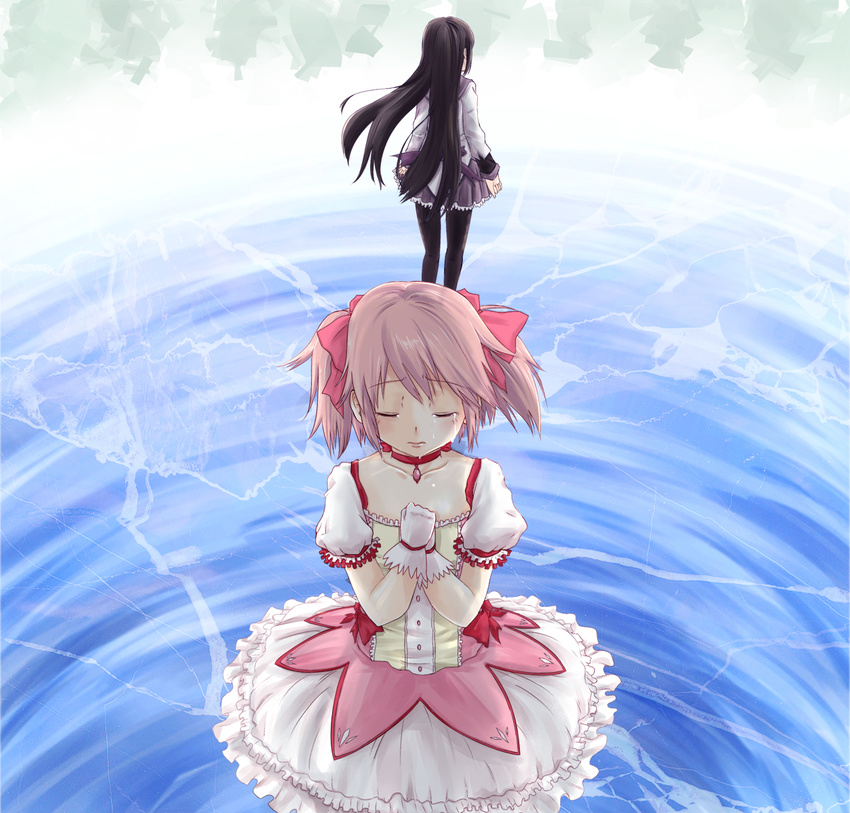 akemi_homura black_hair bow closed_eyes gloves hair_bow highres kaname_madoka kanata_ryou long_hair mahou_shoujo_madoka_magica multiple_girls pantyhose pink_hair short_hair short_twintails skirt tears twintails