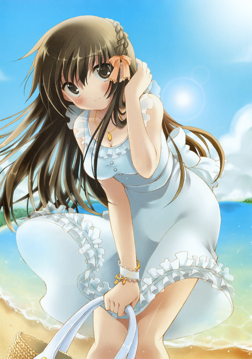 1girl absurdres beach blush bow bracelet braid breasts cleavage dress frills hair_bow hair_ribbon highres jewelry lens_flare long_hair megami megami_creators necklace pan_(mimi) ribbon scan solo sundress white_dress