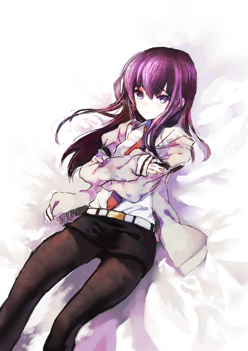 absurdres arms_crossed blue_eyes crossed_arms highres jacket long_hair makise_kurisu necktie open_clothes open_jacket pantyhose purple_hair shirt solo steins;gate tie white_shirt