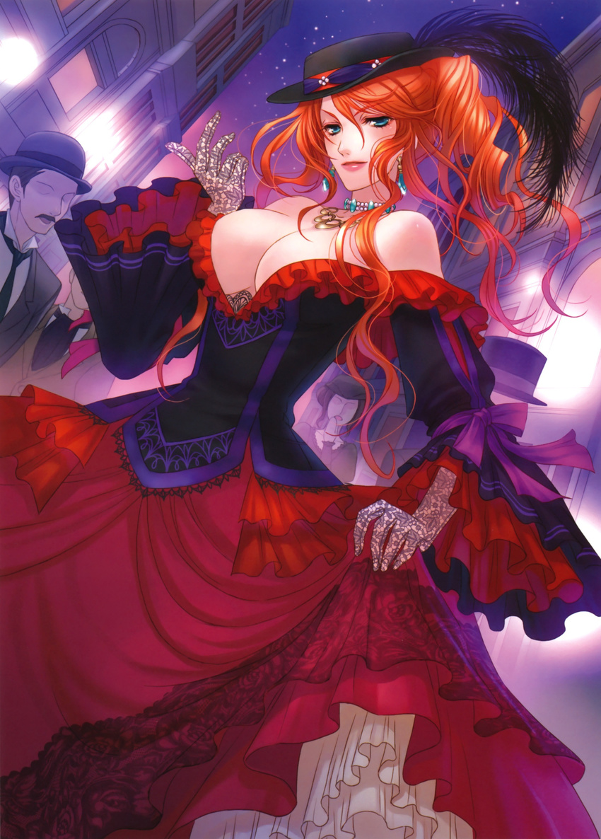 absurdres amazio_komeko bare_shoulders breasts cleavage copyright_request dress earrings feathers gloves hat highres jewelry large_breasts necklace red_hair solo_focus victorian