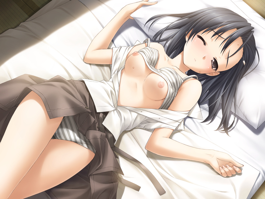 bed breasts game_cg hashimoto_takashi kuranaga_kozue nipples open_shirt panties striped_panties underwear yosuga_no_sora