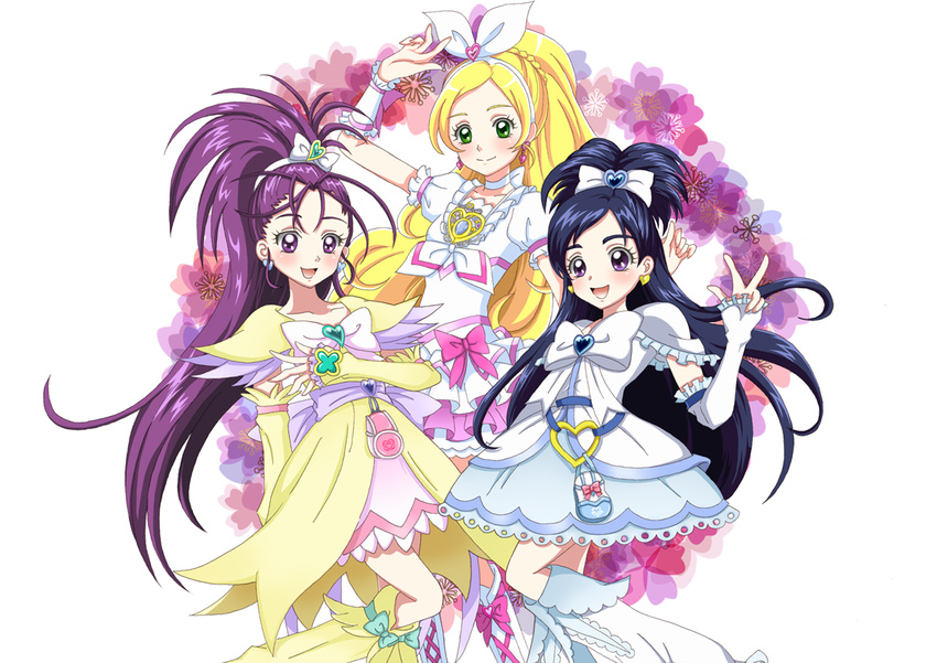 black_hair blonde_hair boots bow braid brooch chizumayo choker cure_egret cure_rhythm cure_white dress earrings eyelashes flower futari_wa_precure futari_wa_precure_splash_star gloves green_eyes hair_ribbon hairband half_updo heart jewelry knee_boots long_hair magical_girl minamino_kanade mishou_mai multiple_girls open_mouth ponytail precure purple_eyes purple_hair ribbon smile suite_precure v white_choker white_footwear wrist_cuffs yukishiro_honoka