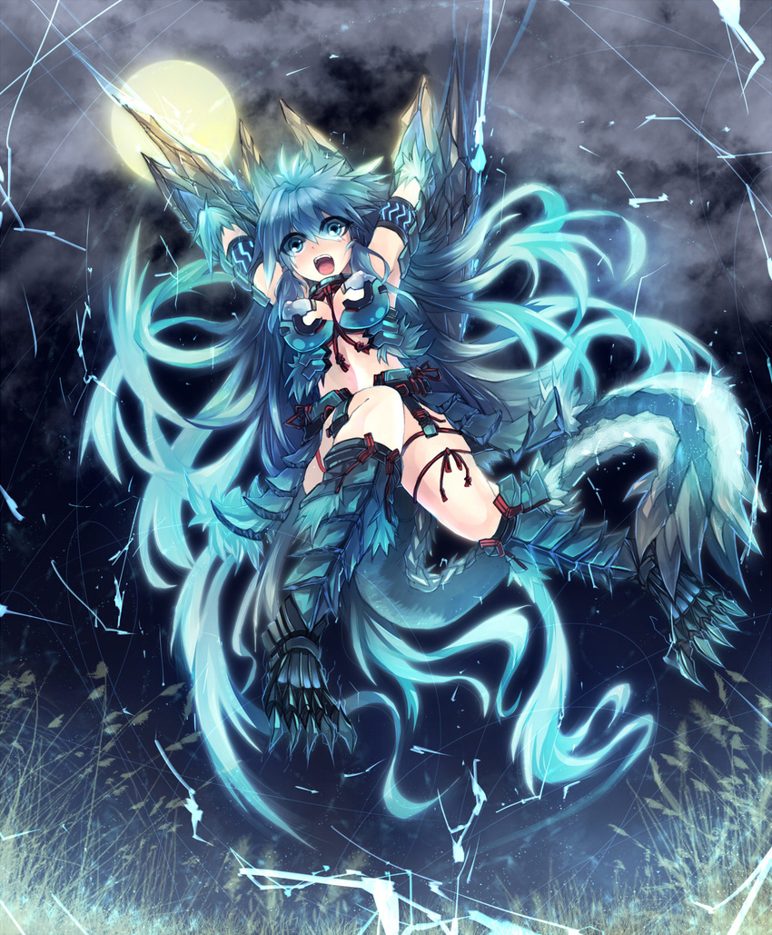 armor arms_up bikini_armor blue_eyes blue_hair breasts claws dragon_girl full_moon grass highres jumping long_hair mamuru monster_girl monster_hunter monster_hunter_portable_3rd moon night night_sky open_mouth original personification sky small_breasts solo tail very_long_hair zinogre