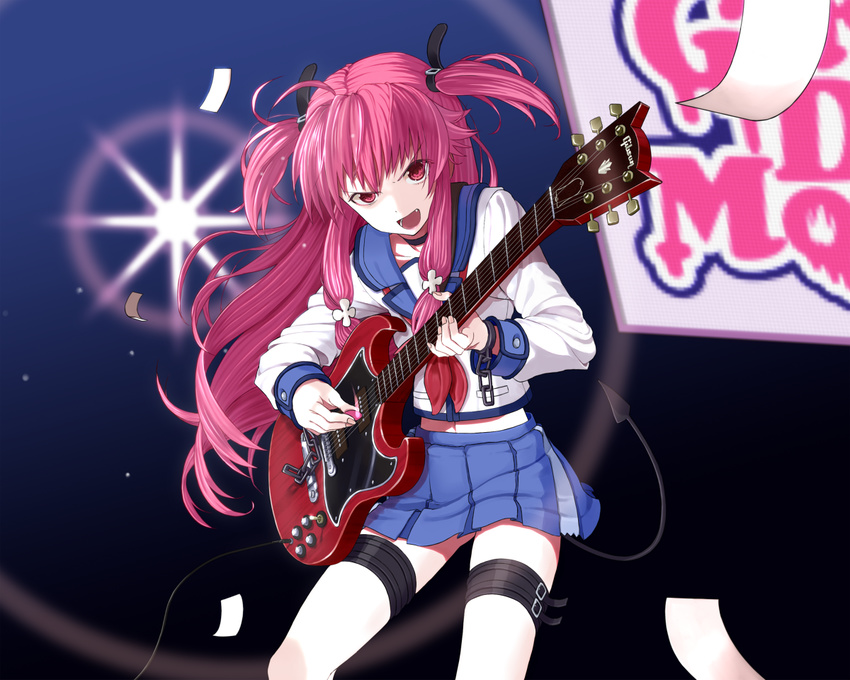 angel_beats! bad_id bad_pixiv_id gibson guitar instrument long_hair pink_hair red_eyes school_uniform serafuku sg solo tail tt_(poposujp) two_side_up yui_(angel_beats!)