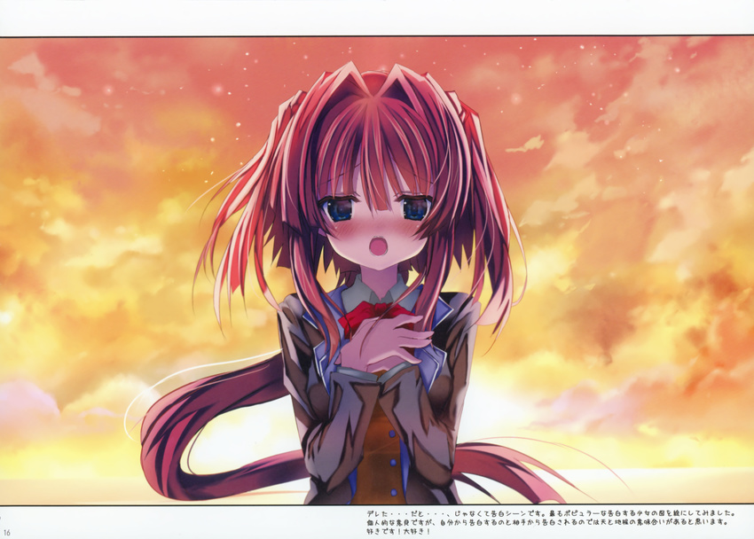 absurdres blue_eyes blush copyright_request female hair_intakes hands_on_chest hands_on_own_chest hands_to_chest highres open_mouth outdoors red_hair school_uniform shino_(eefy) sky solo sunset translation_request twintails