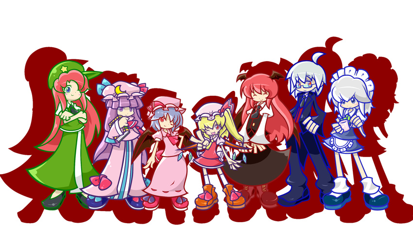 :d ^_^ adenine_(artist) ahoge alternate_costume apron ascot bat_wings beret black_dress blonde_hair blue_eyes blue_hair blush bonnet book boots bow butler china_dress chinese_clothes closed_eyes crescent crossed_arms cup dress everyone flandre_scarlet frills glasses hat hat_bow hat_ribbon head_wings highres hong_meiling izayoi_sakuya jewelry koakuma light_smile long_hair long_skirt maid maid_headdress mary_janes miniskirt morichika_rinnosuke mug multiple_girls one_eye_closed open_mouth parody patchouli_knowledge pink_dress purple_eyes purple_hair puyopuyo puyopuyo_fever red_eyes red_hair red_skirt ribbon shadow shoes short_hair siblings side_ponytail silver_hair simple_background sisters skirt smile star style_parody teacup touhou v v_arms very_long_hair white_hair wings