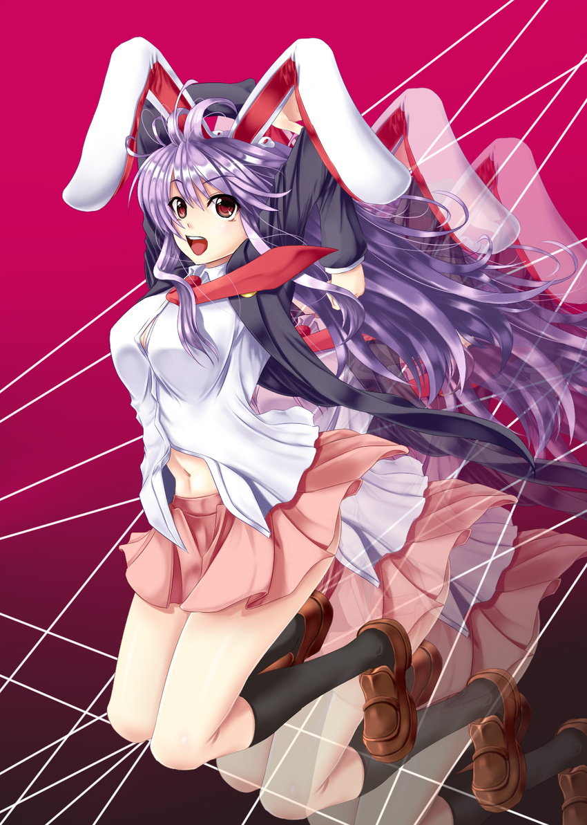 animal_ears black_legwear breasts bunny_ears highres jumping kneehighs large_breasts long_hair mitsuki_shion navel necktie open_mouth purple_hair red_eyes red_neckwear reisen_udongein_inaba shirt skirt solo touhou white_shirt zoom_layer
