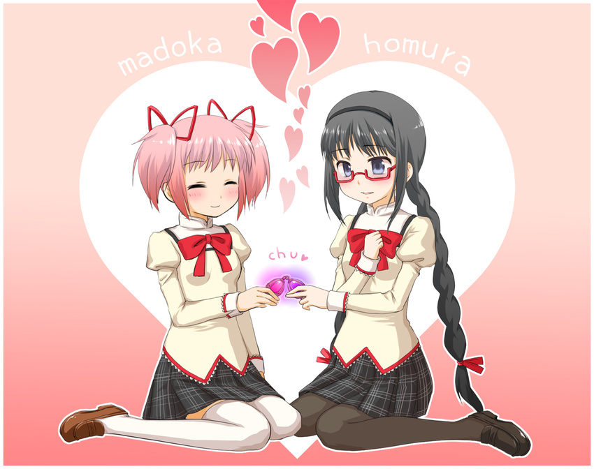 akemi_homura black_hair blue_eyes blush braid couple glasses hairband hand_on_own_chest heart highres indirect_kiss kaname_madoka long_hair mahou_shoujo_madoka_magica mishiyomi_kazumi mitakihara_school_uniform multiple_girls pantyhose pink_hair puffy_sleeves red-framed_eyewear romaji school_uniform short_hair sitting smile soul_gem spoilers symmetrical_hand_pose twin_braids twintails wariza yuri