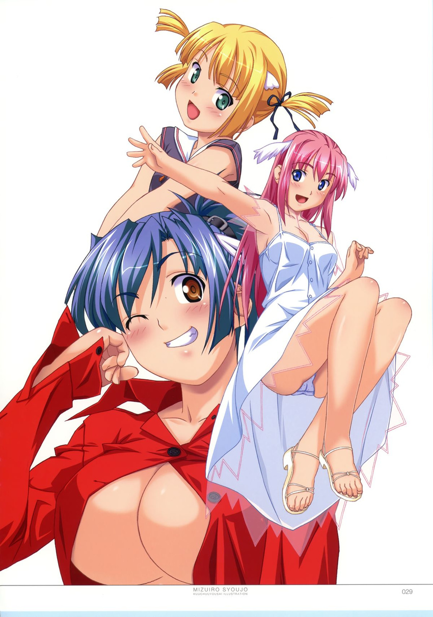 3girls armpits bare_shoulders blonde_hair blue_eyes blue_hair blush breasts brown_eyes cleavage clenched_teeth dress fauna feet flat_chest green_eyes head_wings highres jordh kuuchuu_yousai large_breasts legs leukothea long_hair looking_at_viewer megachu! multiple_girls official_art open_mouth panties pink_hair ponytail short_hair simple_background smile teeth thighs toes twintails underwear upskirt white_background white_panties wink