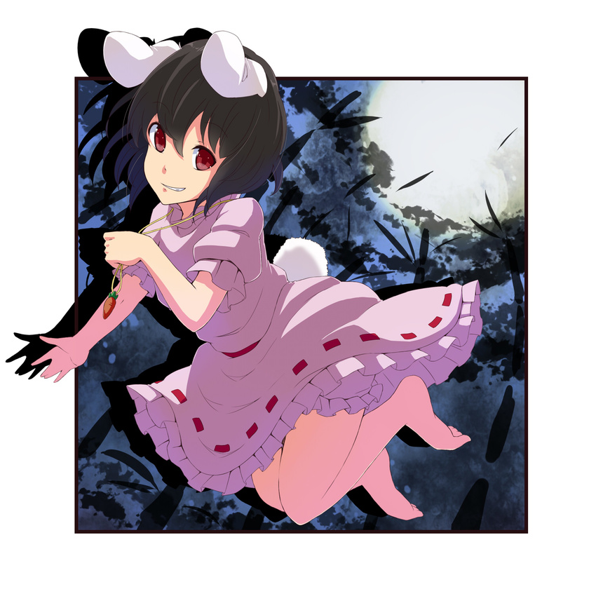 animal_ears bad_id bad_pixiv_id barefoot black_hair bloomers bunny_ears bunny_tail carrot carrot_necklace dress grin highres inaba_tewi jewelry jumping moon necklace pendant pink_dress red_eyes smile solo tail touhou tsuttsu underwear
