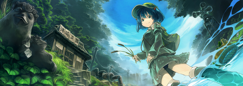 backpack bag blue_eyes blue_hair boots bucket cattail cucumber day fisheye forest from_below grass hair_bobbles hair_ornament hat house kawashiro_nitori kitsune_(kazenouta) knee_boots nature panties pantyshot pipes plant power_lines scenery short_hair sky smile solo touhou translated two_side_up underwear upskirt water