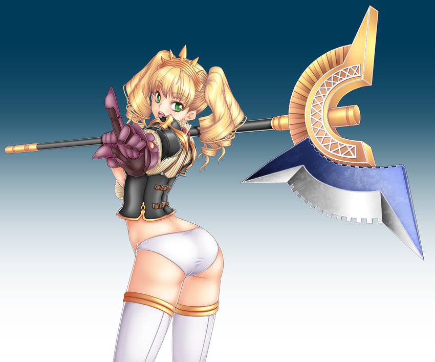 ass axe blonde_hair drill_hair fantasy_earth_zero green_eyes osafune_kairi panties pointing solo thighhighs underwear weapon white_panties