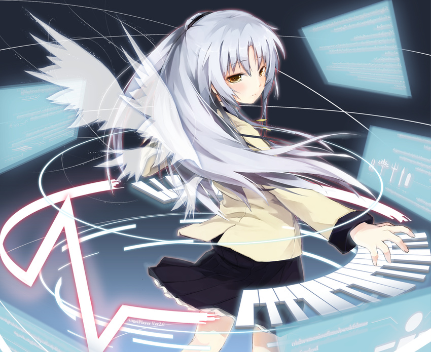 angel_beats! crost floating_screen from_behind instrument keyboard_(instrument) long_hair looking_back ponytail school_uniform science_fiction solo tenshi_(angel_beats!) white_hair wings yellow_eyes