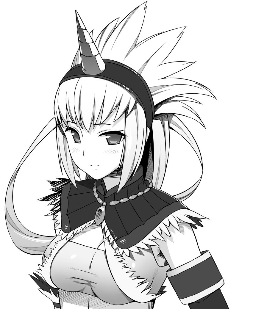 absurdres bandeau bangs blush breasts cleavage crop_top detached_sleeves fur_trim greyscale hairband highres horn jewelry kirin_(armor) long_hair looking_at_viewer medium_breasts midriff monochrome monster_hunter munashi_mujou necklace pendant shirt simple_background smile solo spiked_hair taut_clothes taut_shirt turtleneck upper_body