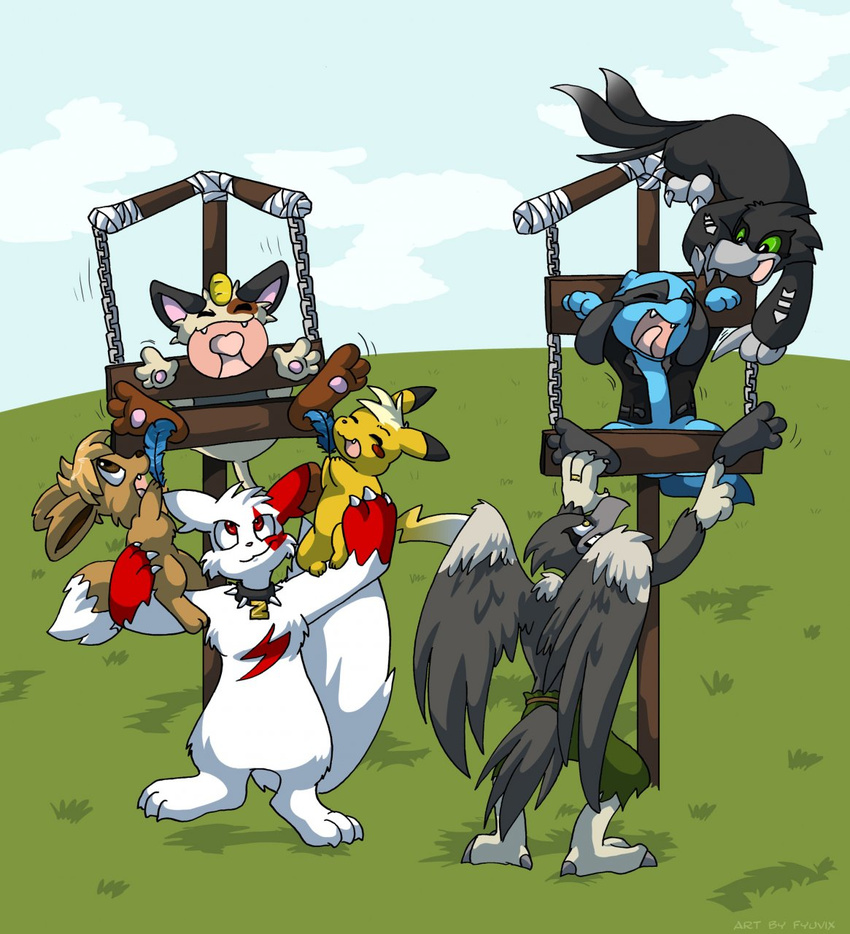 avian bdsm bondage brown_eyes collar cub eevee eyes_closed feather fyuvix green_eyes gryphon hindpaw meowth pikachu pok&eacute;mon red_eyes riolu stocks tickle toony yasminachan zangoose