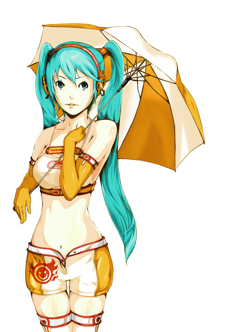 aqua_eyes aqua_hair bare_shoulders elbow_gloves gloves goodsmile_company goodsmile_racing hatsune_miku highres long_hair midriff navel race_queen racing_miku racing_miku_(2010) shorts shu_(shya) simple_background solo twintails umbrella vocaloid