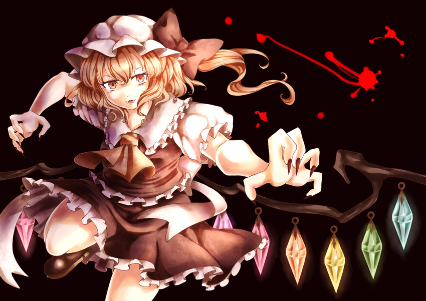 absurdres blonde_hair claws dress fangs flandre_scarlet hat highres namuko red_eyes ribbon side_ponytail solo touhou wings