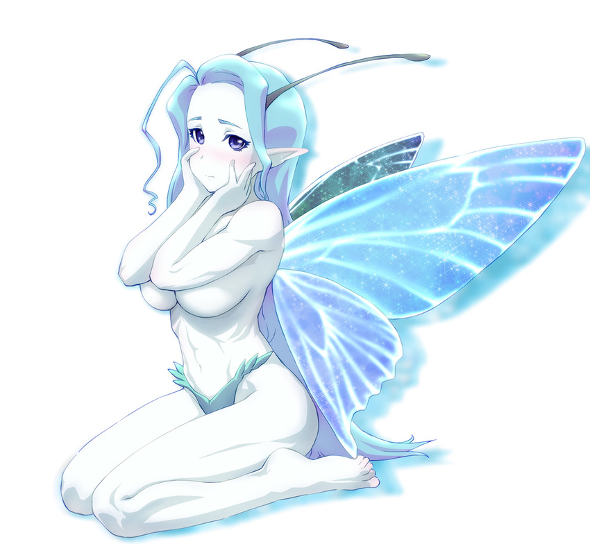 antennae barefoot blue_eyes blue_hair blue_skin blue_wings blush breasts butterfly_wings fairy hands_on_own_cheeks hands_on_own_face large_breasts legs long_hair navel original pointy_ears seiza shy simple_background sitting solo thighs topless ueyama_michirou underboob very_long_hair white_skin wings