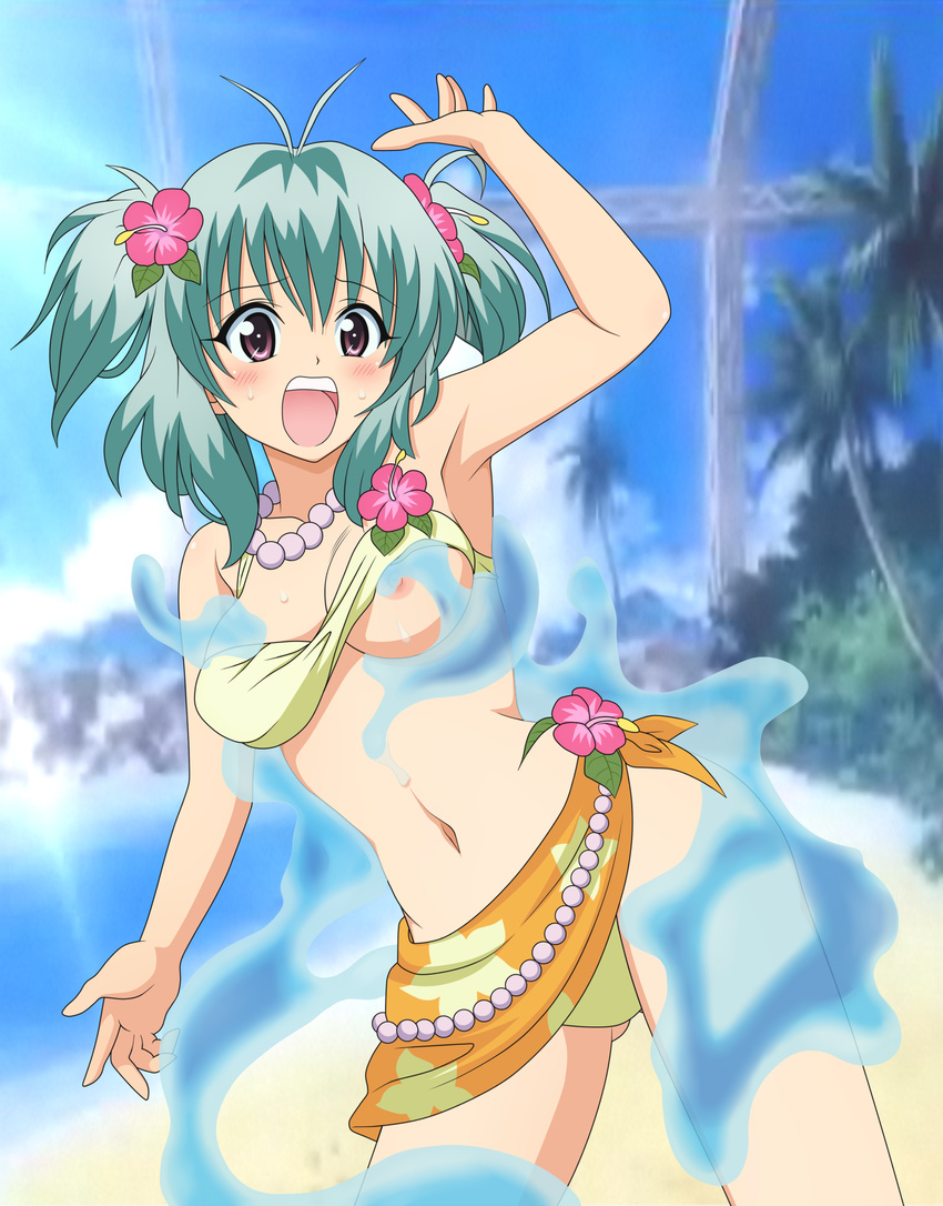 1girl beach bikini blush breasts female green_hair highres legs long_hair nature open_mouth photoshop plant purple_eyes run_elsie_jewelria sky solo swimsuit thighs to_love-ru toloveru