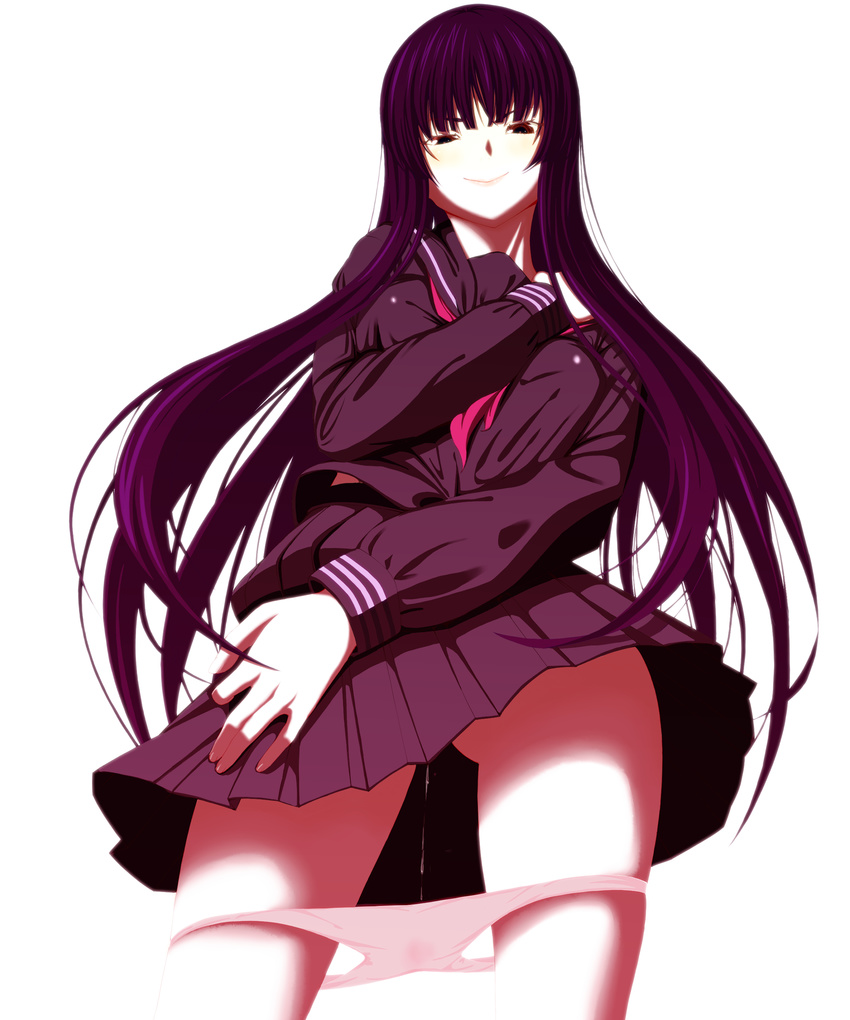 absurdres bangs blunt_bangs blush brown_hair highres long_hair original panties panty_pull purple_eyes pussy_juice pussy_juice_trail ryouta_pm school_uniform serafuku skirt smile solo underwear