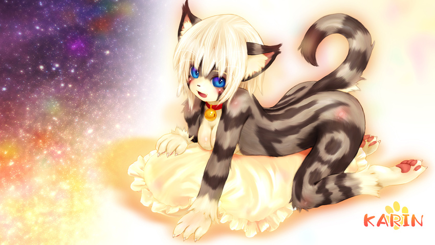 all_fours anthro back barefoot bell bell_collar blue_eyes blush breasts cat cleavage collar fang feet feline female full_body furry gradient gradient_background hindpaw karin looking_at_viewer mammal nude open_mouth pawpads paws pillow pinup pose soles solo space star stars tail tashiro_yuu tetetor-oort toes whiskers white_hair