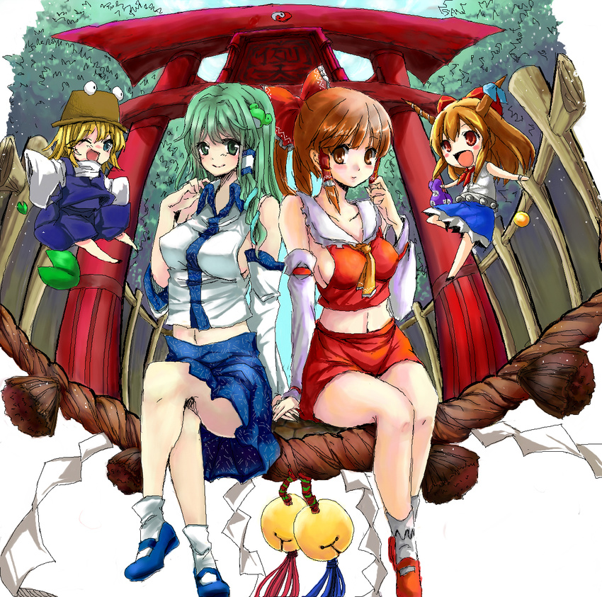 blonde_hair bow breasts brown_eyes brown_hair detached_sleeves frog green_eyes green_hair hair_bow hair_ornament hakurei_reimu hat highres horns ibuki_suika kochiya_sanae large_breasts long_hair midriff minigirl moriya_suwako multiple_girls navel ponytail rope shimenawa short_hair sideboob sitting snake torii touhou yuni_(manyutin)