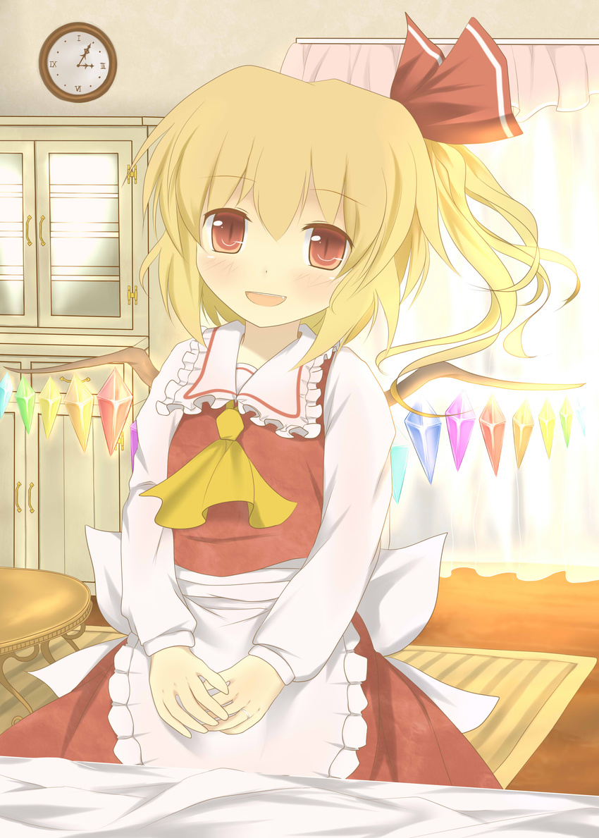 absurdres apron blonde_hair blush bunchou_(bunchou3103) flandre_scarlet highres jewelry md5_mismatch no_hat no_headwear open_mouth red_eyes ring side_ponytail smile solo touhou wings