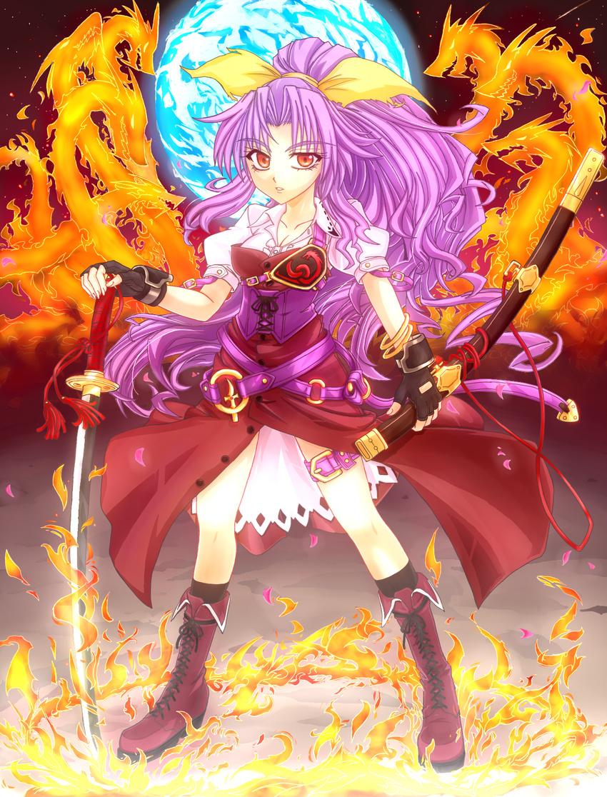 belt boots bow bracelet breasts cleavage dragon fingerless_gloves fire gloves hair_bow highres jewelry katana long_hair medium_breasts mickey_dunn purple_hair red_eyes revision scabbard sheath solo sword touhou watatsuki_no_yorihime weapon