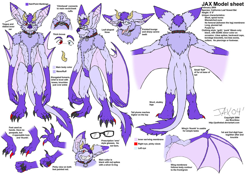bat glasses heterochromia horns jax_the_bat male model_sheet purple wings