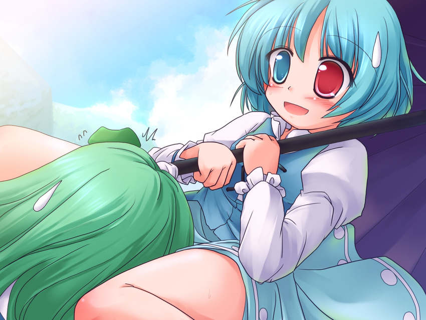 blue_eyes blue_hair blush dress green_hair heterochromia highres kochiya_sanae long_hair lzh multiple_girls open_mouth purple_umbrella red_eyes sweatdrop tatara_kogasa touhou umbrella