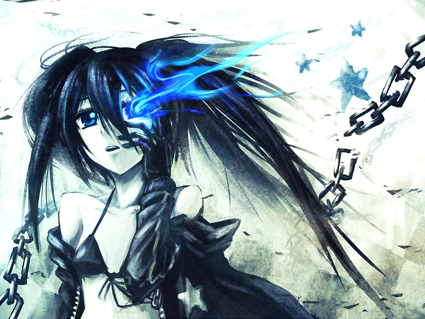 bikini_top black_gloves black_hair black_rock_shooter black_rock_shooter_(character) blue_eyes burning_eye chain flat_chest gloves glowing glowing_eye highres long_hair open_mouth pale_skin samael_(5211) solo star twintails upper_body