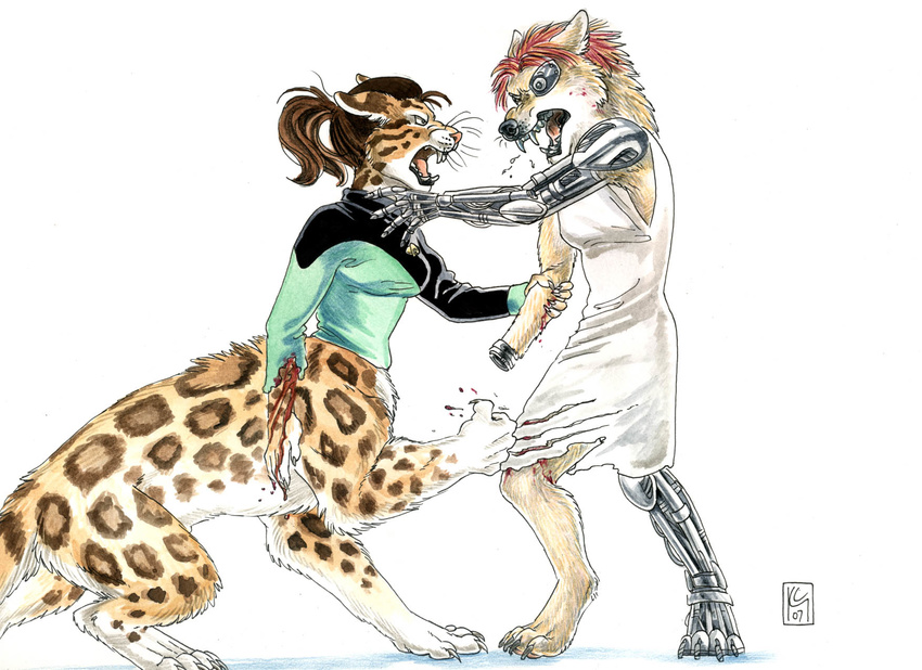 angry anthro blood canine chakat claws clothing coyote cyborg duo feline female kacey leopard leopard_spots mammal plain_background spots taur torn_clothing violence white_background