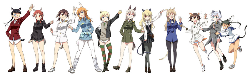 6+girls absurdres agahari animal_ears bespectacled black_hair black_legwear blonde_hair blue_eyes blush boots brown_hair bunny_ears cat_ears charlotte_e_yeager charlotte_e_yeager_(cosplay) closed_eyes cosplay costume_switch eila_ilmatar_juutilainen eila_ilmatar_juutilainen_(cosplay) erica_hartmann erica_hartmann_(cosplay) everyone eyepatch fangs fox_ears francesca_lucchini francesca_lucchini_(cosplay) gertrud_barkhorn gertrud_barkhorn_(cosplay) glasses green_eyes highres legs long_hair lynette_bishop lynette_bishop_(cosplay) military military_uniform minna-dietlinde_wilcke minna-dietlinde_wilcke_(cosplay) miyafuji_yoshika miyafuji_yoshika_(cosplay) multiple_girls necktie no_socks panties panties_under_pantyhose pantyhose perrine_h_clostermann perrine_h_clostermann_(cosplay) red_eyes red_hair sakamoto_mio sakamoto_mio_(cosplay) sanya_v_litvyak sanya_v_litvyak_(cosplay) school_uniform short_hair silver_hair smile strike_witches striped striped_panties tail thighhighs twintails underwear uniform white_legwear white_panties world_witches_series yellow_eyes