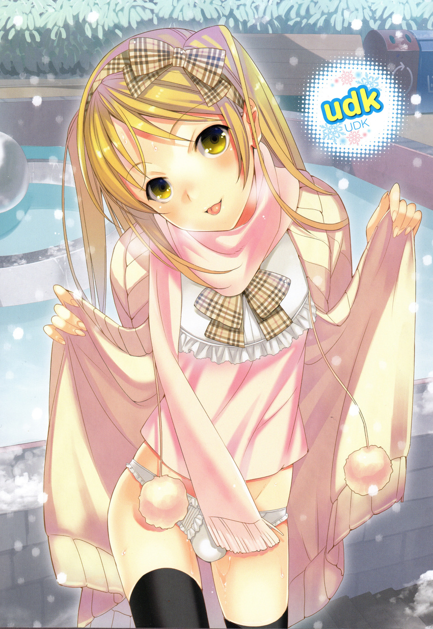 :p absurdres black_legwear blonde_hair bow bulge crossdressing hair_bow highres male_focus oto_nyan otoko_no_ko panties saikawa_yusa scan scarf snow solo thighhighs tongue tongue_out underwear yellow_eyes