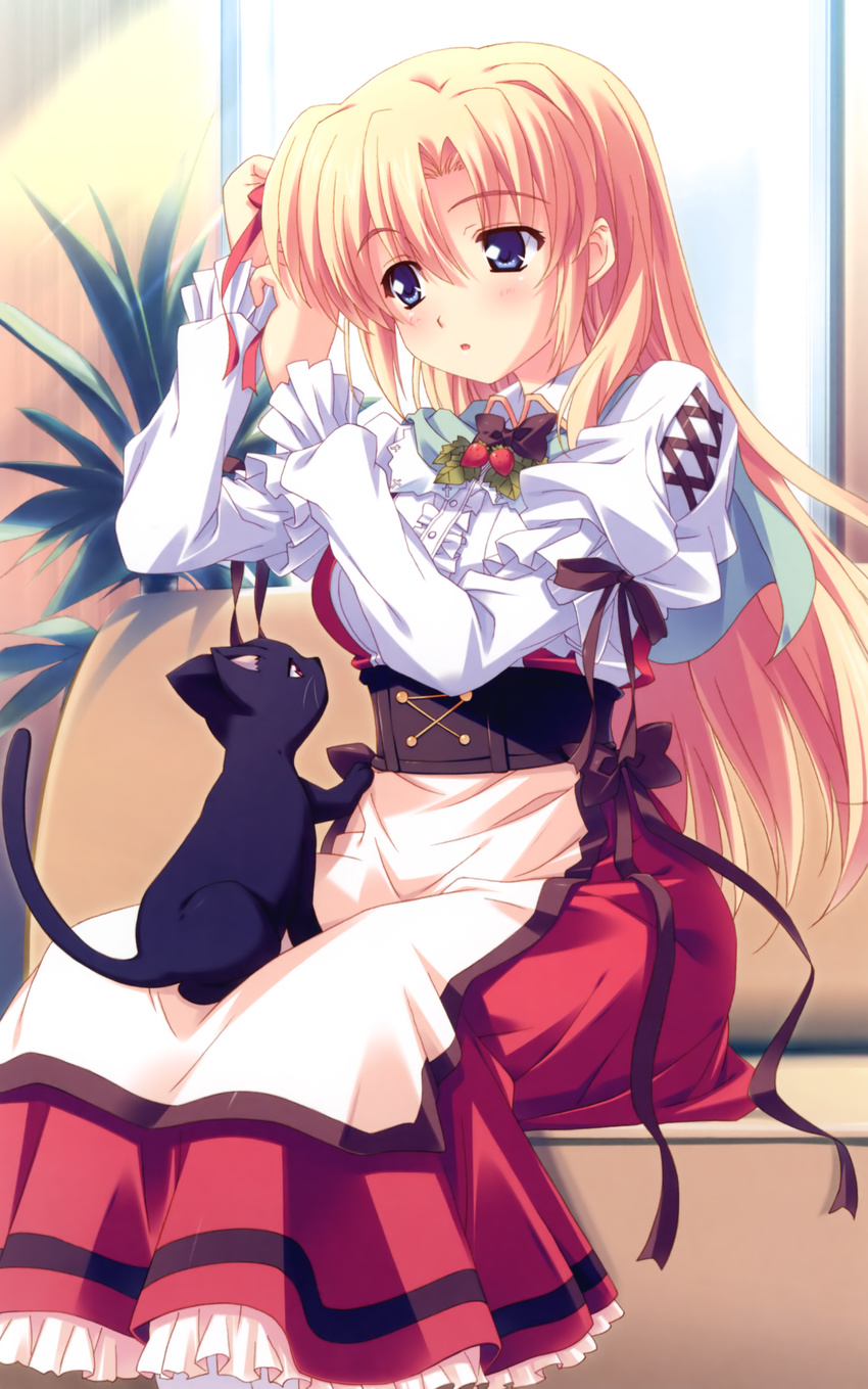 absurdres blonde_hair blue_eyes blush cat dress highres kusukusu marie_rudel ribbon sakura_strasse solo